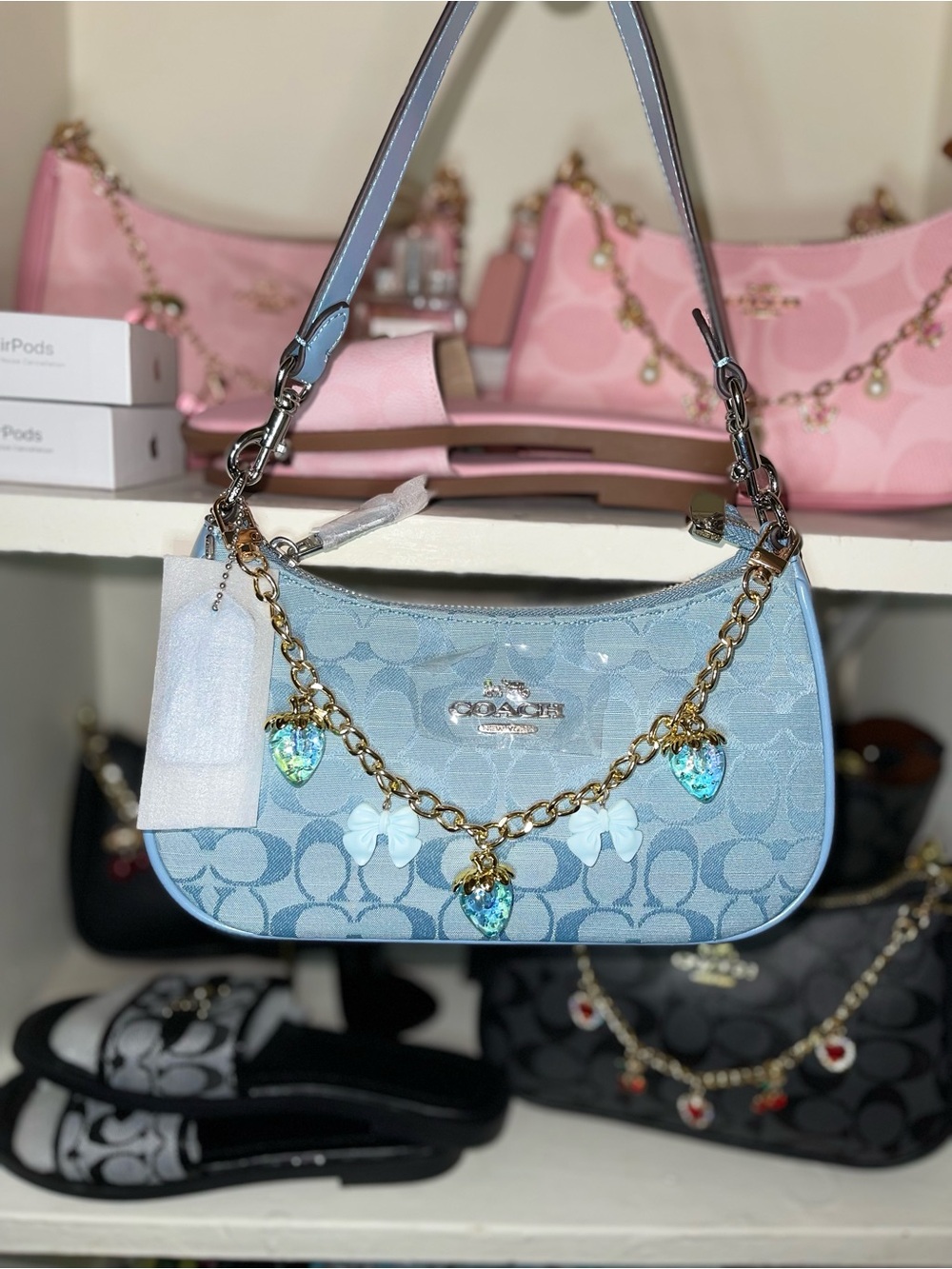 Coach Light Blue Signature Jacquard Mini Shoulder Bag with Gold Chain Charms